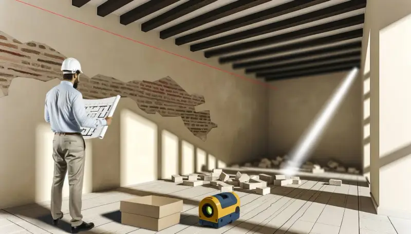 Arquitecto revisa planos para saber como tirar un tabique. Láser de construcción y escombros en el suelo.