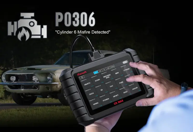 Diagnosing a P0306 code, "Cylinder 6 Misfire Detected," with an iCarsoft CR MAX scanner.