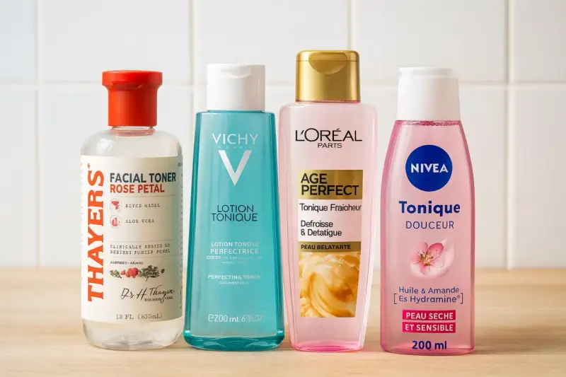 Quatre bouteilles de toniques pour le visage : Thayers, Vichy, L'Oréal et Nivea. Un tonique sert à rafraîchir et préparer la peau.