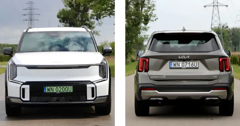 Biała Kia EV9 z przodu i szara Kia Sorento z tyłu, obie na drodze.