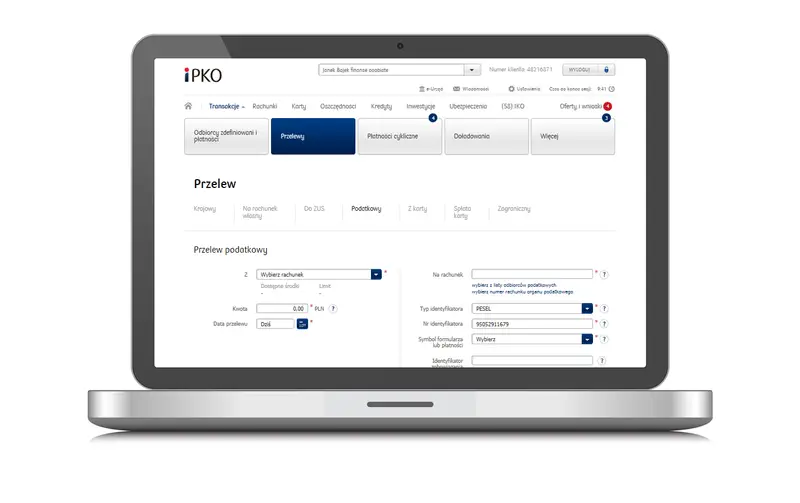 Jak zapłacić mandat? Formularz przelewu podatkowego w bankowości internetowej iPKО. Wpisz dane odbiorcy, kwotę i wybierz rachunek.
