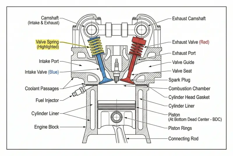 Sezione trasversale di un motore auto, che illustra i componenti chiave come pistone, valvole, candela e iniezione carburante.