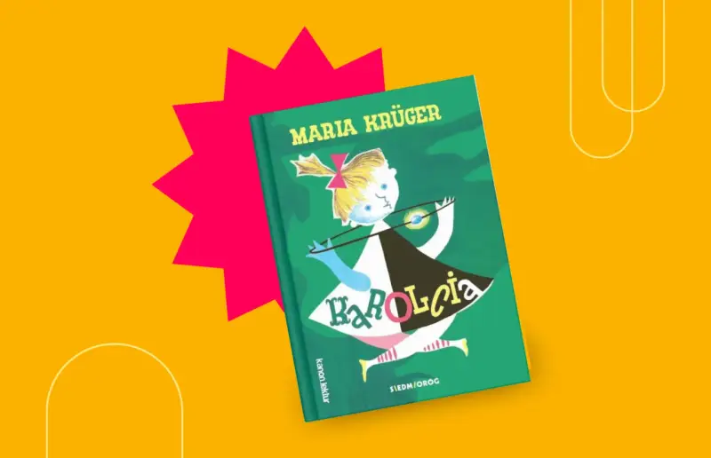 Okładka książki "Karolcia" Marii Krukger. Dziewczynka z kokardką na głowie trzyma magiczny koralik. To streszczenie przygód Karolci.