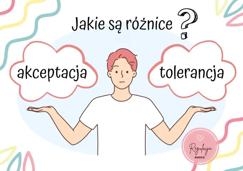 Postać z rozłożonymi rękami zastanawia się nad różnicą między akceptacją a tolerancją.