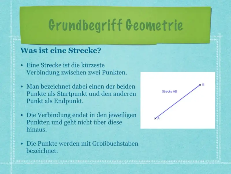 Eine Strecke AB verbindet zwei Punkte. Sie ist die kürzeste Verbindung, die senkrecht zu nichts steht, sondern gerade verläuft.