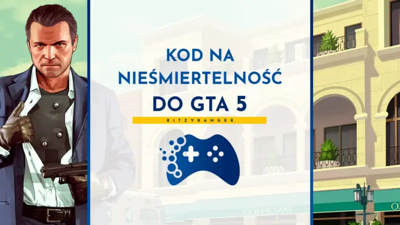 Postać z GTA V z pistoletem i napis "KOD NA NIEŚMIERTELNOŚĆ DO GTA 5".