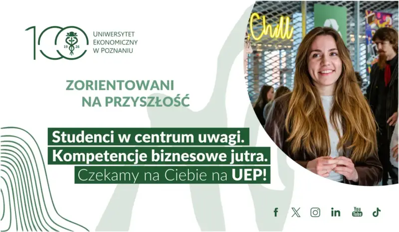 Studia marketingowe na UEP w Poznaniu. Uśmiechnięta studentka, przyszłe kompetencje biznesowe. Czekamy na Ciebie!