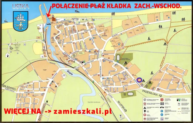 Mapa Ustki z zaznaczonymi atrakcjami, w tym połączeniem plaży kładką zachód-wschód. Znajdziesz tu port, promenadę, centrum kultury i wiele innych ustka atrakcje.