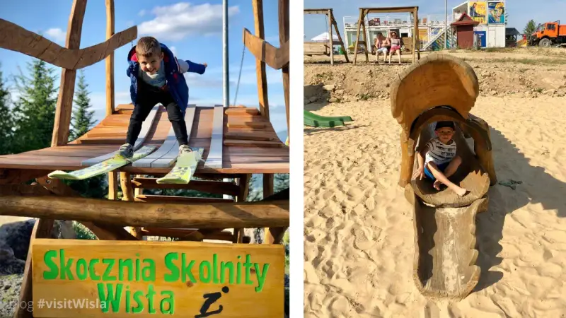 Chłopiec na nartach zjeżdża ze "Skoczni Skolnity" w Wiśle. Obok piaskownica z drewnianą zjeżdżalnią. Wspaniałe atrakcje dla dzieci w Wiśle!