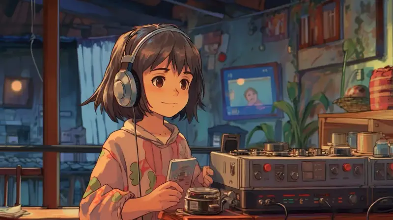 Dziewczynka w słuchawkach cieszy się relaksującą muzyką lofi, trzymając w dłoni telefon. W tle widać sprzęt audio i przytulne wnętrze.