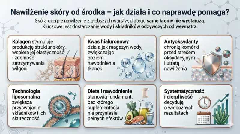 Grafika przedstawia kluczowe czynniki nawilżenia skóry od wewnątrz: kolagen, kwas hialuronowy, antyoksydanty, technologię liposomalną, dietę i nawodnienie, a także systematyczność. NMF to naturalny czynnik nawilżający.