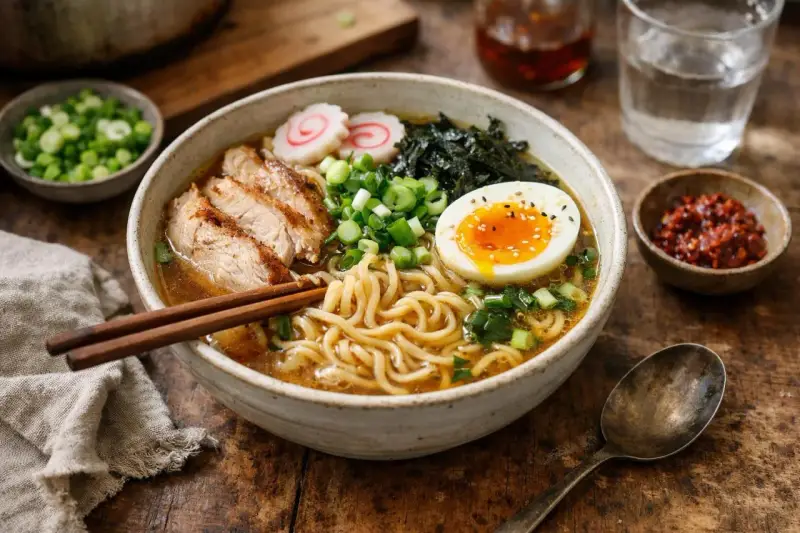 Un bol de ramen de poulet fumant avec des nouilles, des tranches de poulet grillé, un œuf mollet, des algues et des oignons verts.