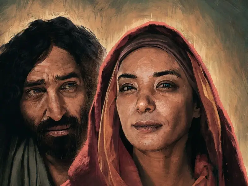 Nahaufnahme von Jesus und Maria, ihre Gesichter im warmen Licht. Maria blickt zuversichtlich, Jesus nachdenklich.