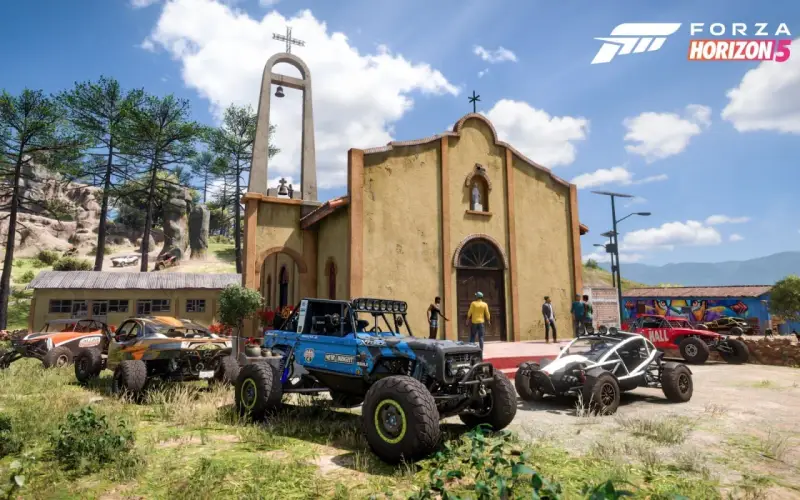 Wymagania Forza Horizon 5: terenowe pojazdy przed kościołem w Meksyku.