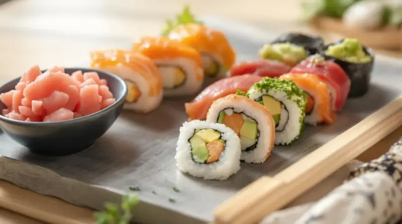 Różnorodne sushi z łososiem i awokado, obok miseczka z różowym, imbir marynowany.