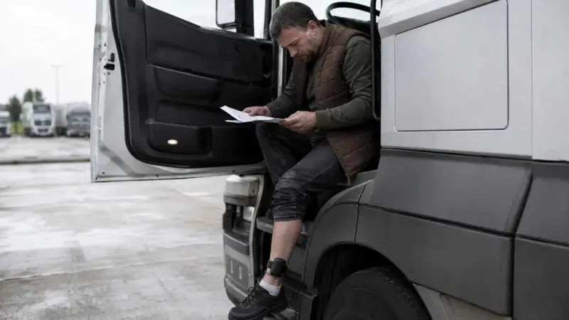 Kierowca z opaską na nodze, symbolizującą zatrudnienie pracownika z dozorem elektronicznym, czyta dokumenty przy kabinie ciężarówki.