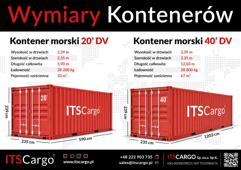 Porównanie wymiarów kontenerów morskich 20' i 40' DV. Długość całkowita 5,90 m vs 12,03 m.