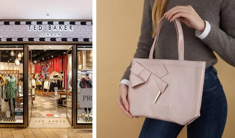 Sklep Ted Baker London. Elegancka, różowa torba z kokardą i logo marki. Ted Baker co to za firma? Brytyjska marka odzieżowa.