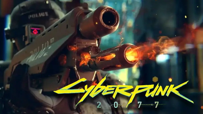 Un oficial de policía de **Cyberpunk 2077** dispara un arma futurista con llamas saliendo del cañón.