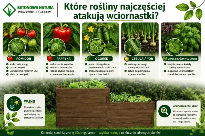 Wciornastki atakują pomidory, paprykę, ogórki, cebulę, por, zioła i rośliny ozdobne. Oprysk jest ważny przy upałach i gęstych nasadzeniach.