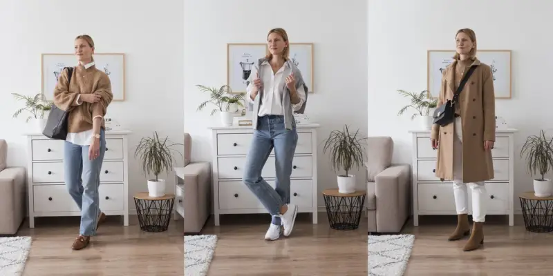 Kobieta prezentuje trzy różne propozycje stylu ubioru: sweter i jeansy, białą koszulę i jeansy, oraz płaszcz i białe spodnie.