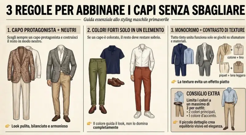 Guida allo styling maschile: 3 regole per abbinare capi con stile. Esempi di look maschili con giacche, pantaloni e camicie.
