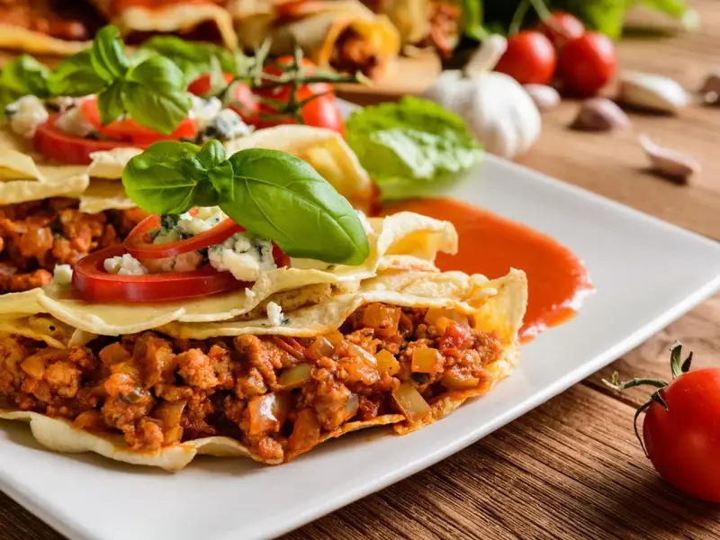 Pyszna tortilla z mięsem mielonym, polana sosem pomidorowym, ozdobiona bazylią i serem pleśniowym.