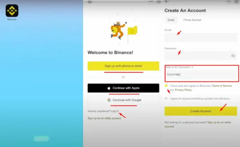 Ekran rejestracji na Binance. Dowiedz się, jak zacząć, wypełniając formularz lub logując się przez Apple/Google. Wpisz kod polecający CCH1F46Z.