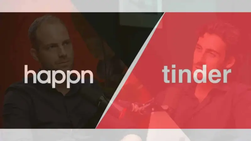Deux hommes discutent, l'un sous le logo happn, l'autre sous le logo tinder. Lequel choisir pour trouver l'amour ?