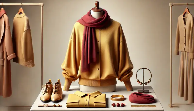 Elegancka stylizacja w odcieniu **kolor musztardowy**: sweter, koszula, buty i płaszcz. Uzupełniają ją bordowy szalik i złota biżuteria.