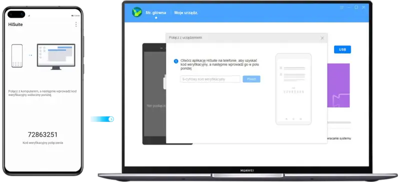 Połączenie telefonu z komputerem przez HiSuite. Na ekranie telefonu widoczny kod 72863251.