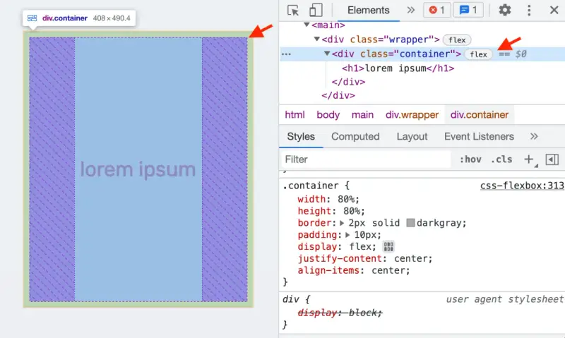 Kontener flexbox z tekstem "lorem ipsum" wyśrodkowanym dzięki `justify-content: center`.