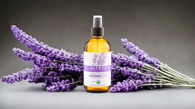 Butelka z organiczną wodą lawendową Alteya Organics otoczona bukietami fioletowej lawendy.