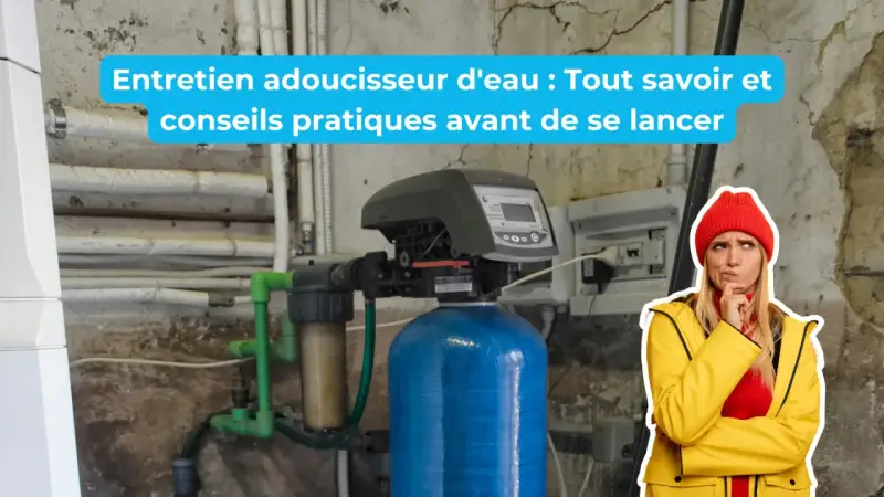 Une femme réfléchit devant un adoucisseur d'eau. Le texte indique "Entretien adoucisseur d'eau : Tout savoir et conseils pratiques".