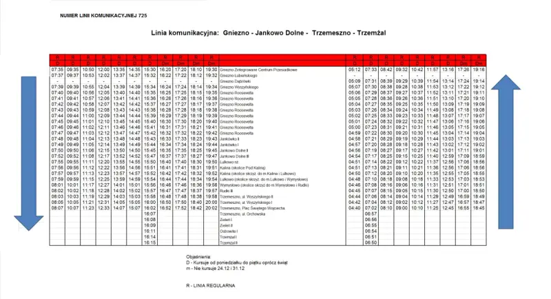 Rozkład jazdy autobusów MPK Gniezno, linia 725, kursująca między Gnieznem, Jankowem Dolnym i Trzemesznem.