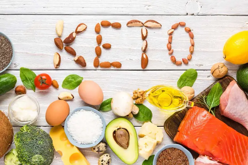 Słowa "KETO" ułożone z orzechów i nasion. Wokół składniki diety keto: ryba, mięso, jajka, awokado, olej, ser, warzywa.