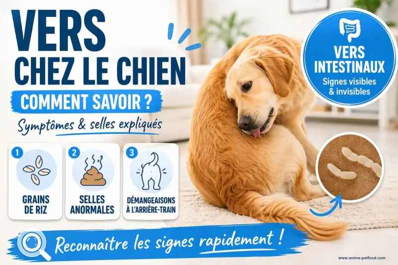 Chien se léchant le flanc, avec des icônes illustrant des vers, des selles anormales et des démangeaisons.