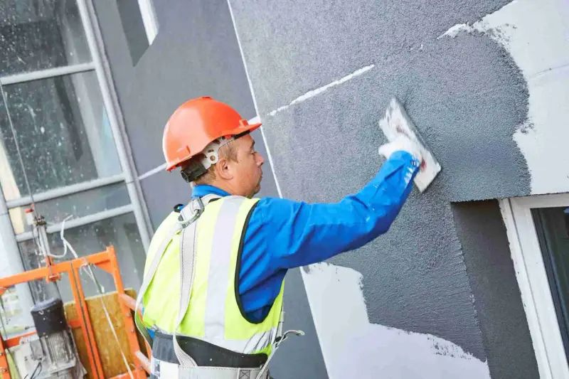 Obrero con casco naranja aplica revestimiento texturizado en fachada, parte de un sistema de aislante térmico exterior.