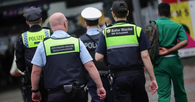 Policjanci w kamizelkach odblaskowych patrolują ulice, dbając o bezpieczeństwo. Czy Niemcy są bezpiecznym krajem? Obecność służb sugeruje troskę o porządek.
