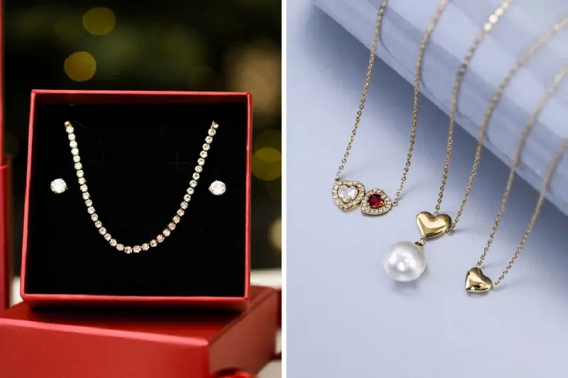 Biżuteria na prezent: naszyjnik z cyrkoniami i kolczyki w pudełku, naszyjniki z sercami i perłą. Idealne na galentines co to za okazja?