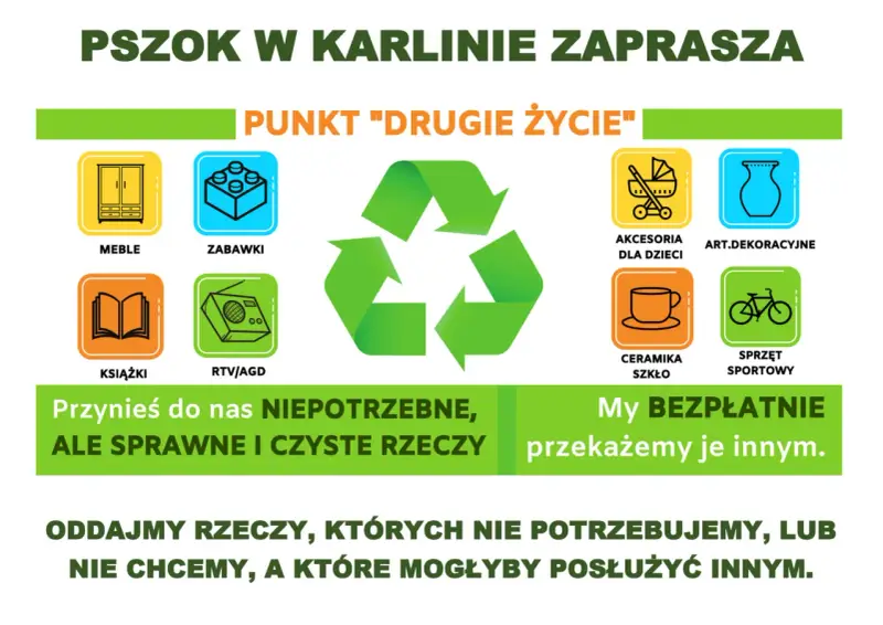 Co można oddać na PSZOK: meble, zabawki, książki, RTV/AGD, akcesoria dla dzieci, ceramikę, szkło, art. dekoracyjne i sprzęt sportowy.