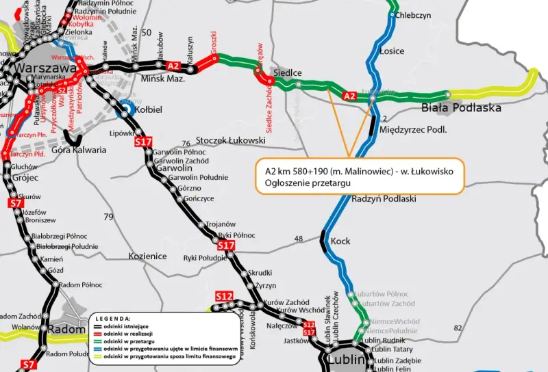 Mapa pokazuje autostradę A2, jej długość i przebieg, z zaznaczonym odcinkiem w przetargu.