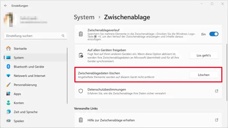 Einstellungen für die Zwischenablage: Verlauf anzeigen, Daten synchronisieren oder den gesamten Cache löschen.