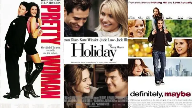 Plakaty filmowe: "Pretty Woman", "Holiday" i "Definitely, Maybe" – klasyczne komedie romantyczne.