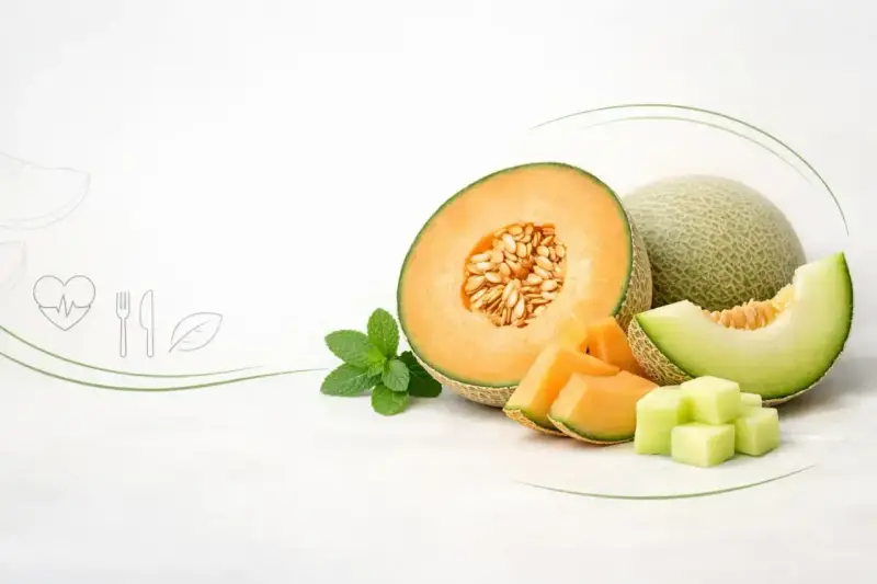 Melon właściwości: soczysty melon kantalupa, pokrojony w plastry i kostki, z listkami mięty. Obok cały melon i plaster zielonego melona.