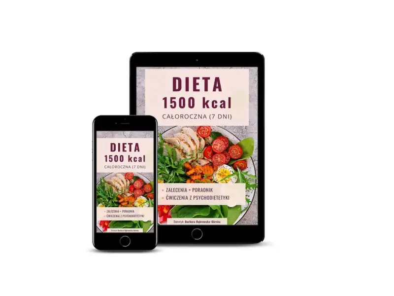 Na ekranach telefonu i tabletu widoczna jest dieta 1500 kcal. Oferuje całoroczne posiłki, zalecenia, porady i ćwiczenia z psychodietetyki.