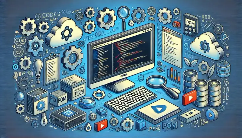 Narzędzia programistyczne, chmury, kod na ekranie i ikony symbolizujące page object pattern.