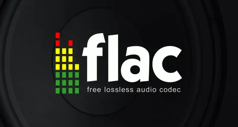 Logo FLAC z kolorowym wskaźnikiem poziomu dźwięku i napisem "free lossless audio codec". Ciesz się muzyką w najwyższej jakości.