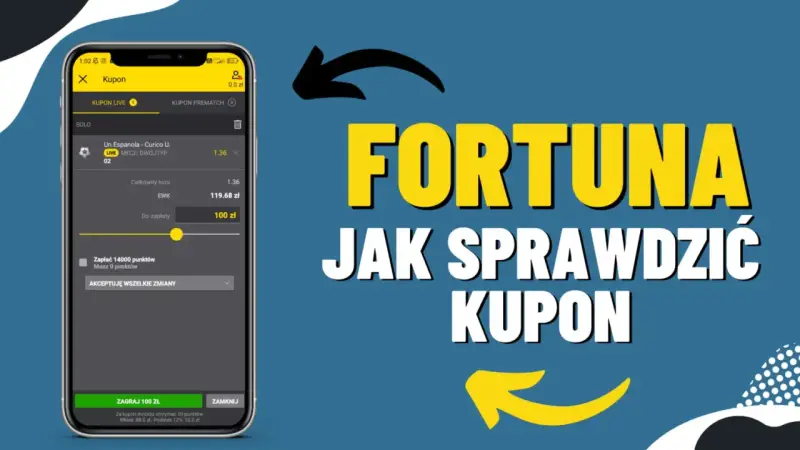 Aplikacja mobilna Fortuna pokazuje, jak sprawdzić kupon. Widoczny jest kupon z kursem 1.36 i kwotą do zapłaty 100 zł.
