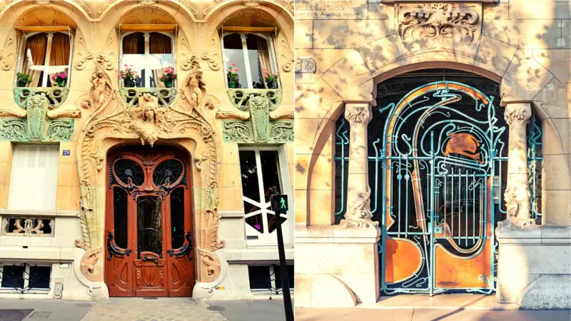 Portes et grilles en architecture art nouveau, ornées de courbes organiques et de visages féminins.